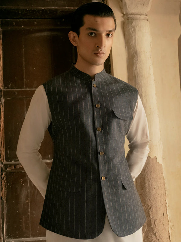 ALMIRAH Blue Linen Waistcoat - AL-WC-421