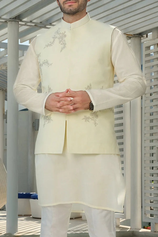 ALMIRAH Light Yellow Khaddar Waistcoat - AL-WC-314