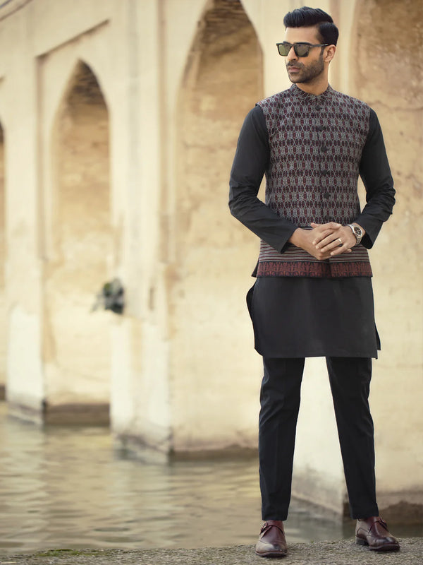 ALMIRAH Maroon Woven Waistcoat - AL-WC-354