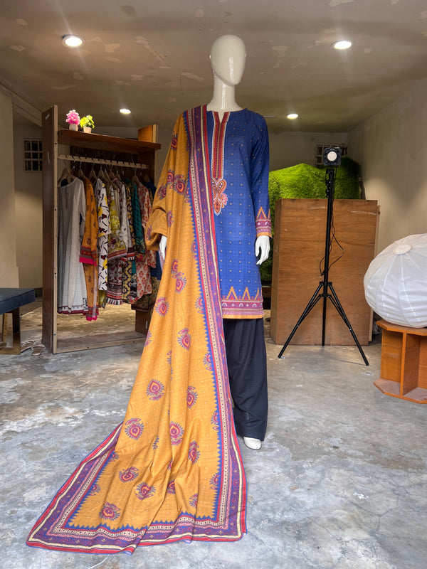 ZELLBURY STITCHED PRINTED KHADDAR 2PIECE SHIRT & DUPATTA