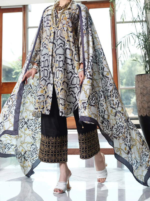 ALMIRAH Black & Gold Viscose Silk Piece Stitched Shirt Dupatta - AWP-3PS-265