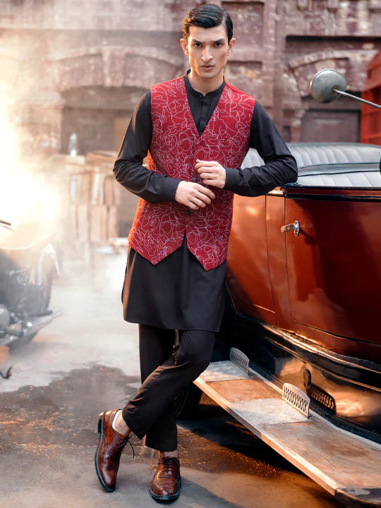 ALMIRAH Maroon Blended Waistcoat - AL-WC-413